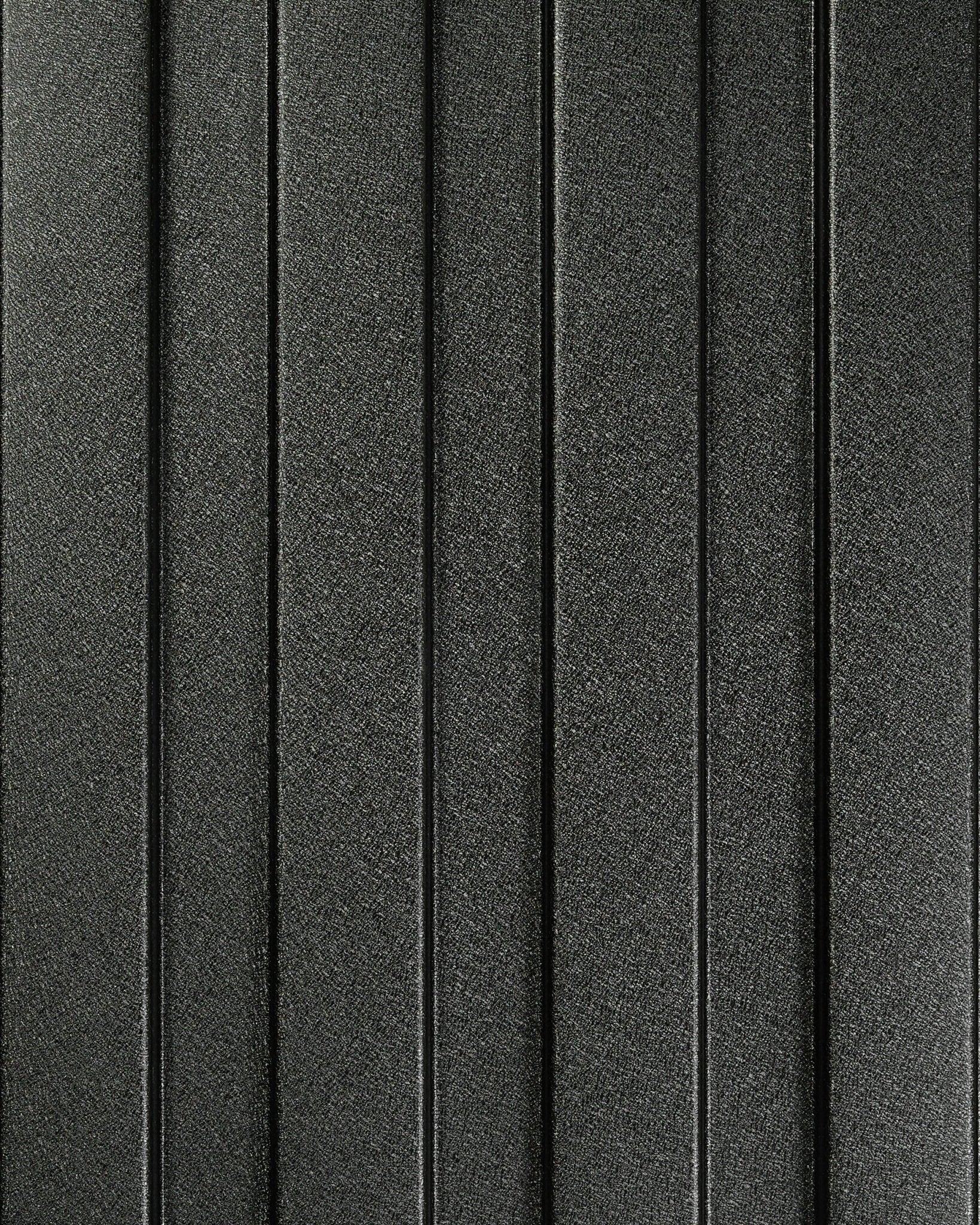 Close-up of WoodUpp Aluwood facade panel, 240x45.1cm, with textured dark gray surface and evenly spaced vertical raised stripes for outdoor use.